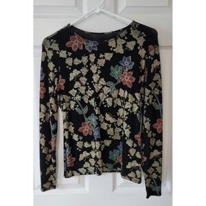 GWheels Women's Size Small Long Sleeve Shirt Black with Gold Leaves Floral Print